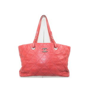 Chanel Slatch Tote Bag Handbag Leather Red Orange Silver